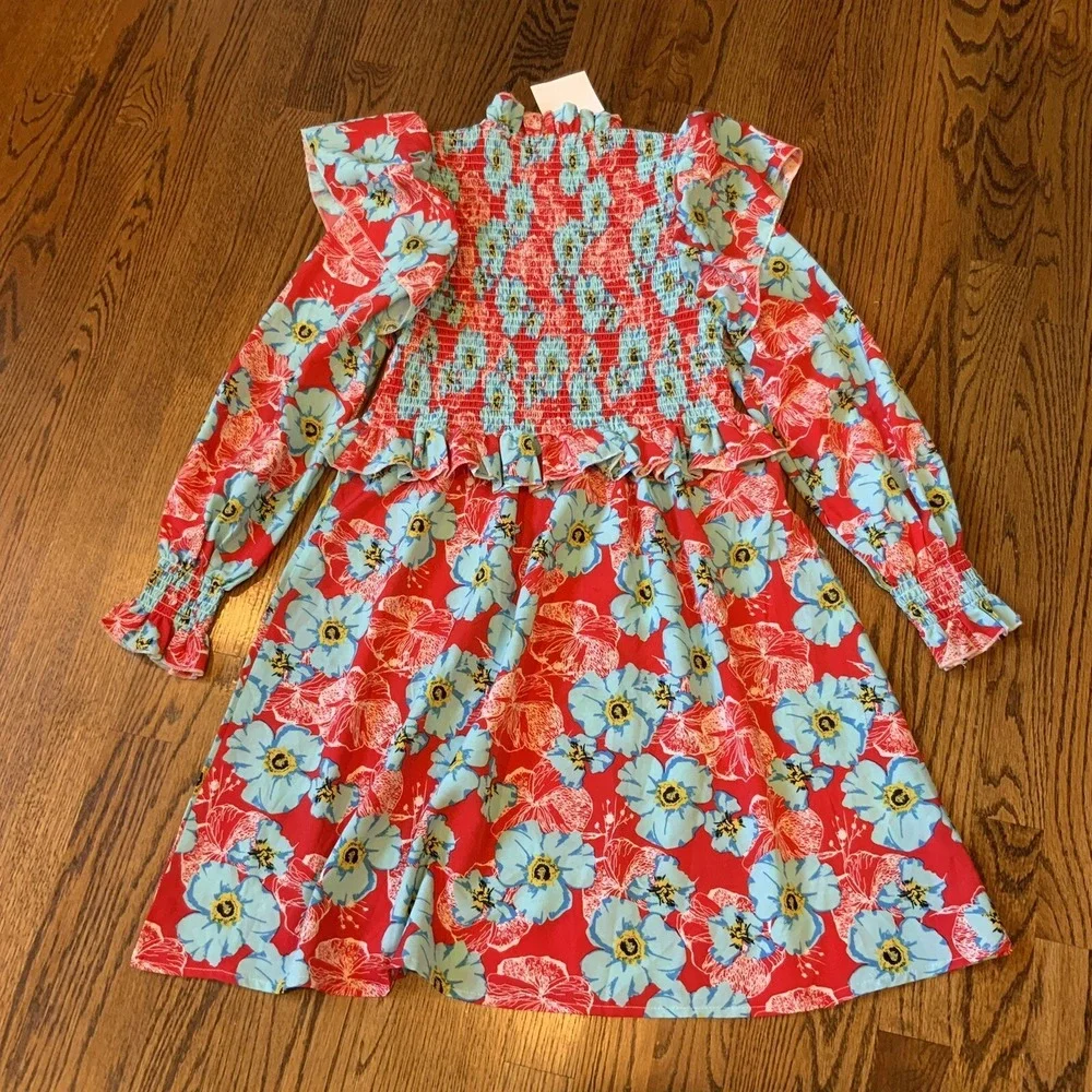 Womens Sunday Up NWT Floral Long Sleeve L Dress Boho Smocked